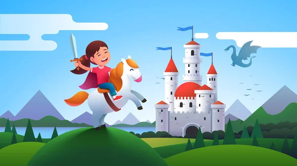 Dívka dítě středověký jezdec rytíř na koni — Stockový vektor