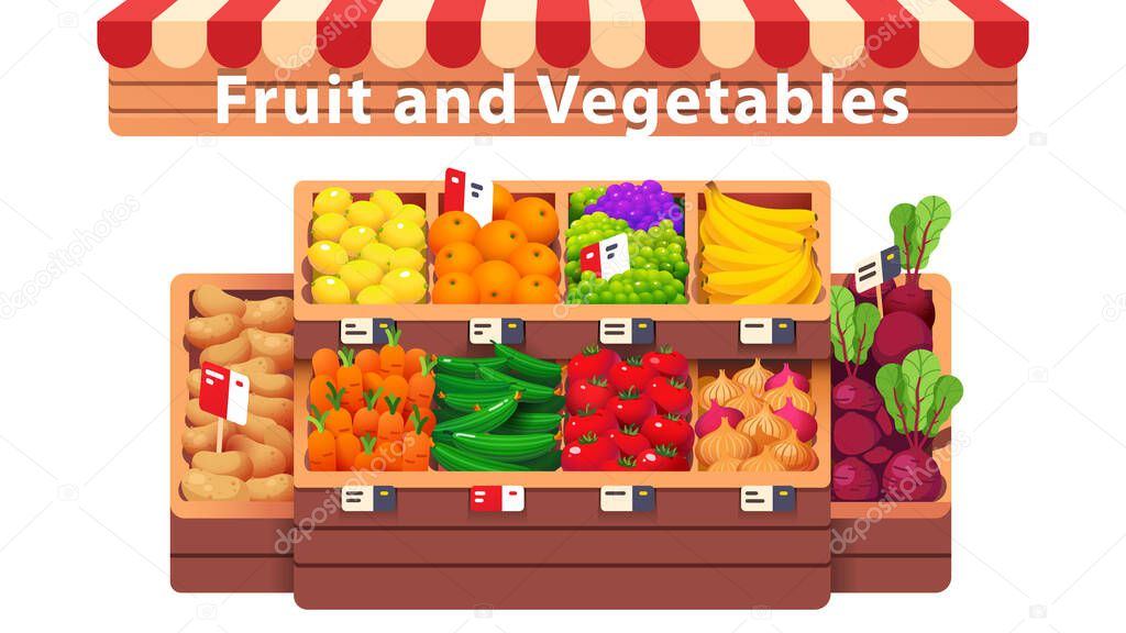 Fruit, vegetables supermarket shop aisle or stall