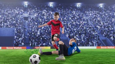 2 children football players in scrimmage for the ball on a stadium clipart