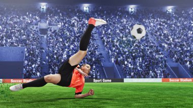 Tepegöz tekme bir kalabalık stadyum üzerinde çekici bayan futbol oyuncu