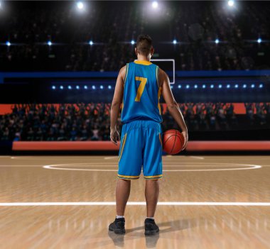 basketbol sahası üzerinde mavi üniforma duran basketbolcu