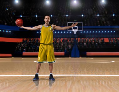 basketbol sahası üzerinde sarı üniforma duran basketbolcu