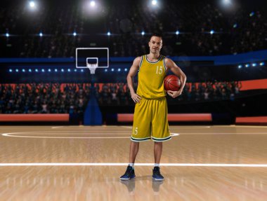 basketbol sahası üzerinde sarı üniforma duran basketbolcu