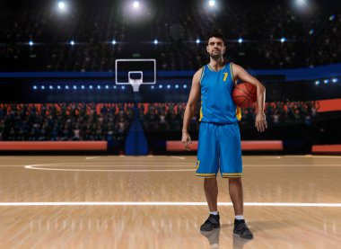 basketbol sahası üzerinde mavi üniforma duran basketbolcu