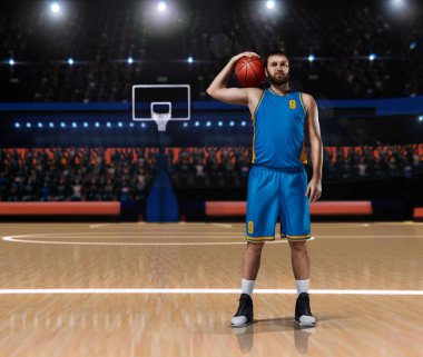 basketbol oyuncusu im mavi üniforma ayakta basketbol sahası