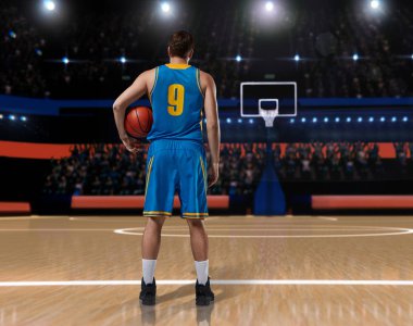 basketbol oyuncusu im mavi üniforma ayakta basketbol sahası