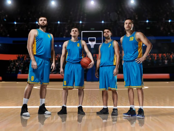 four basketball players standing on basketball court