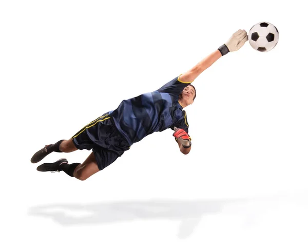Goalkeeper flying for the ball isolated on white Stock Picture