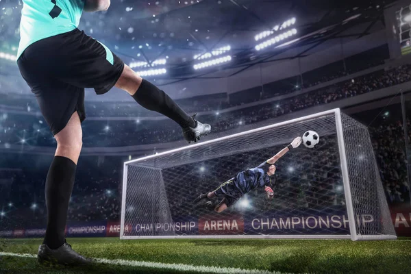 Goalkeeper jumping for the ball on football match — Stock Photo, Image