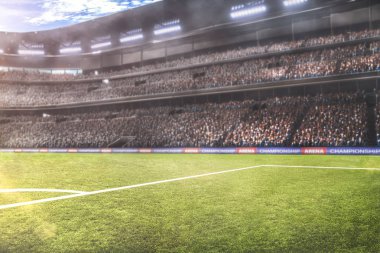 ışıklar ve spectors panorama 3d render ile güneşli futbol sahası