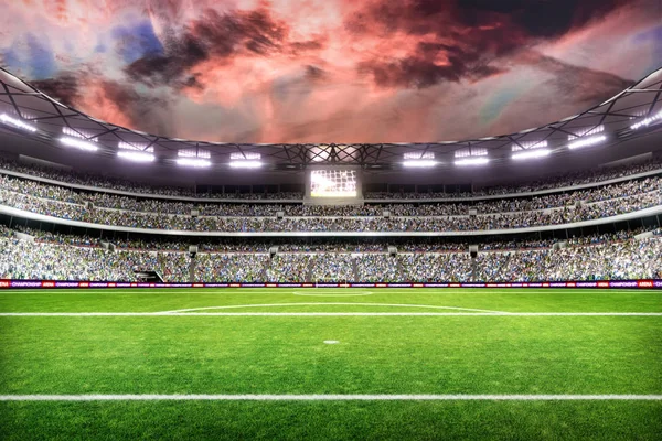 Campo di calcio con luci e spectors panorama rendering 3d — Foto Stock