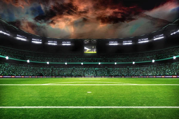 Нічне футбольне поле з вогнями та спектрами панорама 3d рендеринга Ліцензійні Стокові Фото