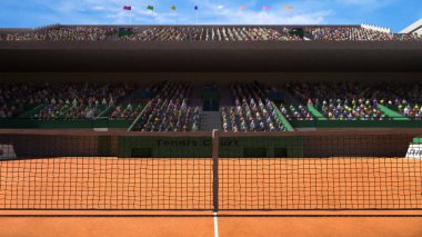 Seyirci 3d render net yakın çekim ile boş kil tenis kortu