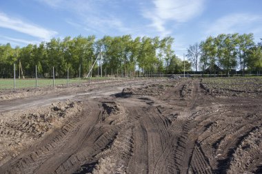 Agricultural field, which is fenced and between there is a field road