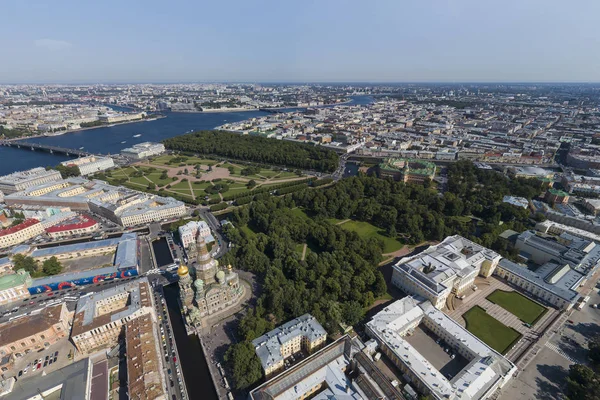 St. Petersburg from a height. Palace District. Cathedral of the Resurrection of Christ (Savior on Blood), Mikhailovsky Garden, Field of Mars, Summer Garden, Neva River. Aerial