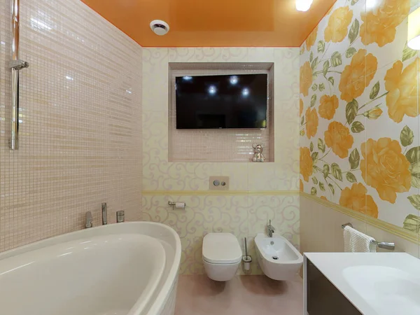 Ekaterinburg, Rusia. Octubre 01, 2014. Aseo de lujo interior y baño con luz cálida. jacuzzi, lavabo, inodoro, bidet, tv — Foto de Stock