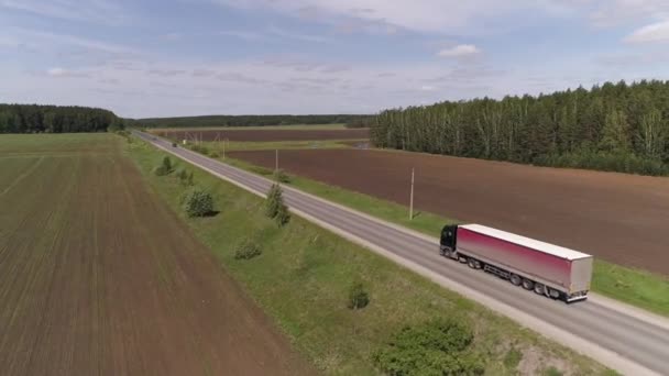 Aerial View Truck Black Cab Red Semi Trailer Driving Straight — Stock Video