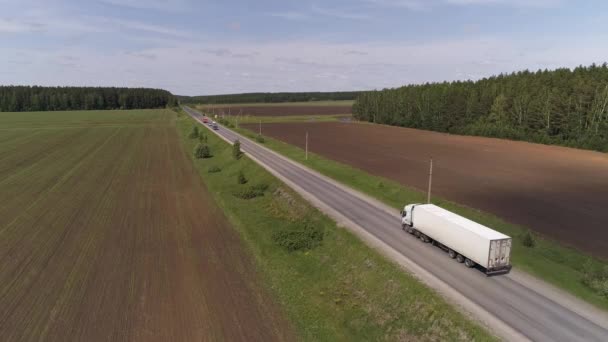 Luchtfoto Van Witte Vrachtwagen Rijden Een Rechte Asfaltweg Komt Nog — Stockvideo