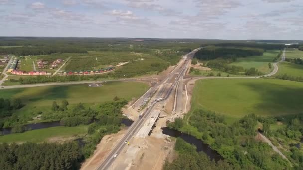 Vista Aérea Dos Trabalhos Reparo Construção Pontes Uma Seção Rodovias — Vídeo de Stock