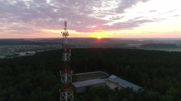 Повітряний Вид Вежу Мобільного Язку Лісі Влітку Ввечері Заході Сонця — стокове відео
