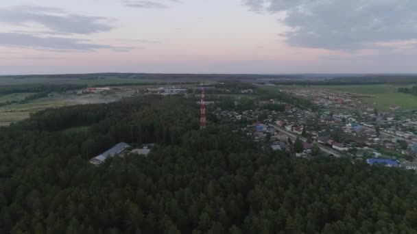 Kameraet Flyver Sommeraftenens Landsby Midten Landsbyskoven Skoven Der Mobilkommunikationstårn Kameraet – Stock-video