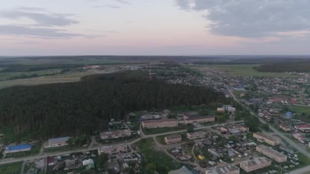 カメラは夏の夜の村を飛んでいる 村の森の中心にあります 森の中には移動体通信塔があります 空中展望 ロシア スヴェルドロフスク地方 オクタイブラスキー村 — ストック動画