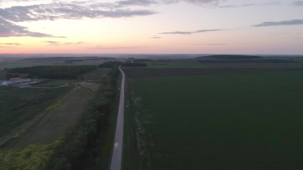 Veduta Aerea Dell Autostrada Serale Tramonto Vicino Campi Agricoli Agli — Video Stock