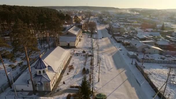Aerial View Church Village Next Church Kindergarten School Smoke Comes — Stock Video