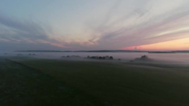 Yaz akşamının hava manzarası. Sis, alanın üstünde. Çerçevedeki siste bazı ağaçlar var. Güzel gün batımı ve gökyüzünde bulutlar