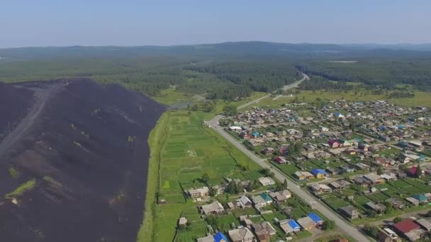 Aerial View Huge Slag Dump Next Residential Buildings Vegetable Gardens — Stock Video