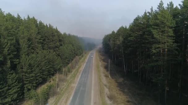 Luchtfoto Van Een Personenauto Rijdt Langs Een Bosweg Vertrekt Rook — Stockvideo