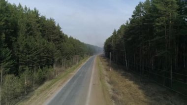 Orman yolunun havadan görünüşü ve orman yangınından çıkan duman. Arabalar yol boyunca gider. Yaz, sıcak güneşli bir gün. Kamera yükseliyor.