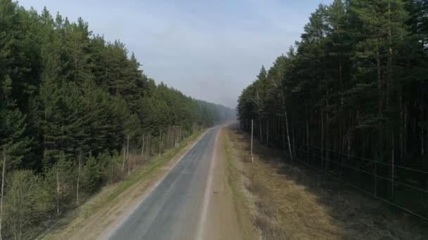 Vista Aérea Camino Forestal Humo Incendio Forestal Los Coches Conducen — Vídeo de stock