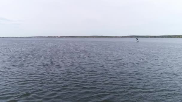 Aerial Drone Shot Alone Windsurfer Big Pond Día Soleado Otoño — Vídeos de Stock