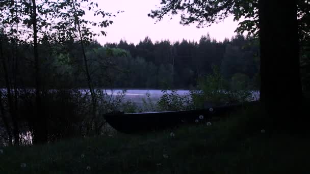 Темное туманное озеро за лодкой — стоковое видео
