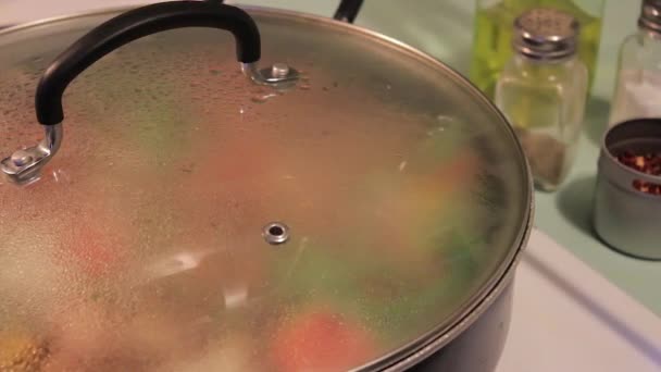 拿起锅盖 让煮鸡肉和蔬菜炒的蒸气 — 图库视频影像
