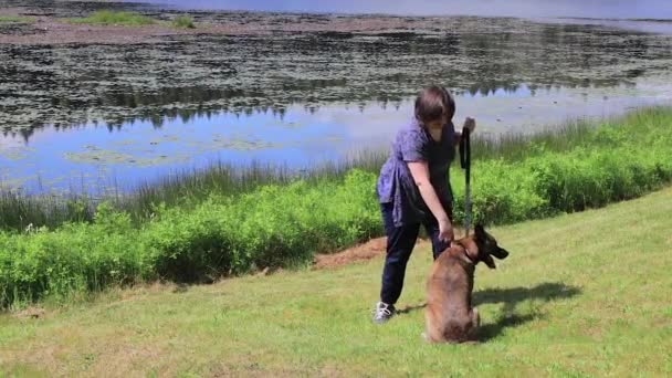 Ung kvinna och hund — Stockvideo