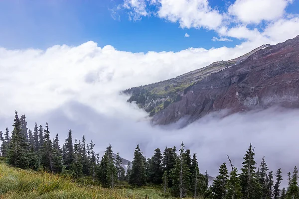 Líneas de coloridas montañas conducen a nubes y árboles — Foto de Stock