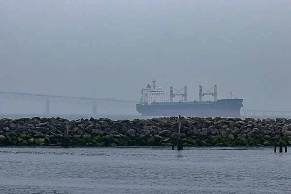 Φορτηγό πλοίο πλέει μακριά κάτω από γέφυρα σε θολό ημέρα — Φωτογραφία Αρχείου
