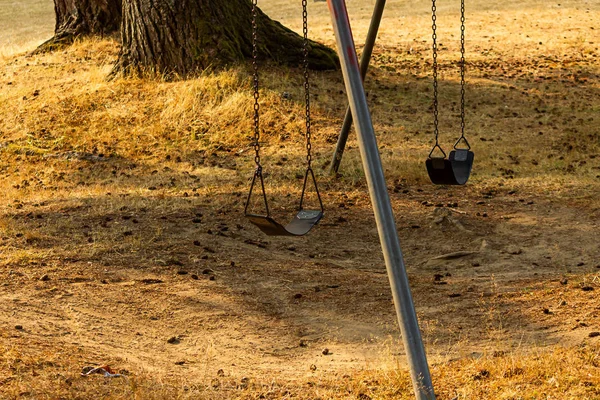 Deux balançoires pendent sur gazon jaune août après-midi — Photo