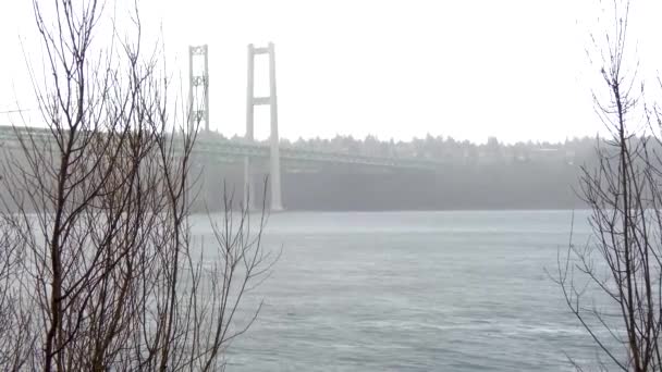 Tacoma narrows bridge in grijze mistige mist en regen — Stockvideo