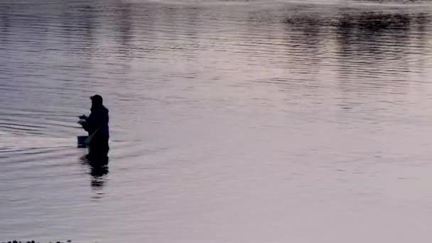 在湖里钓鱼的渔夫 — 图库视频影像