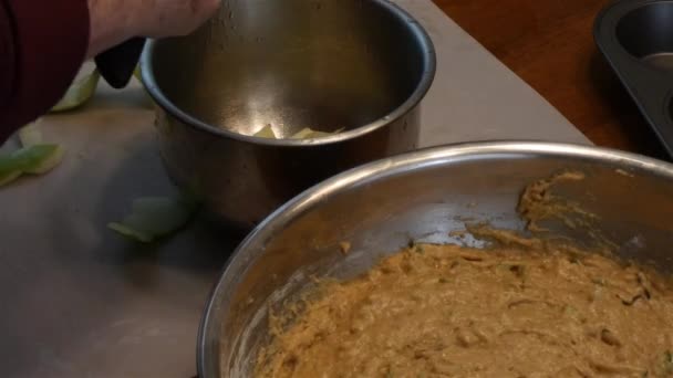 Chopping apples into a silver bowl — Stock Video