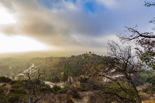 Úbočí ohně na kopci s výhledem na observatoř Griffith — Stock fotografie