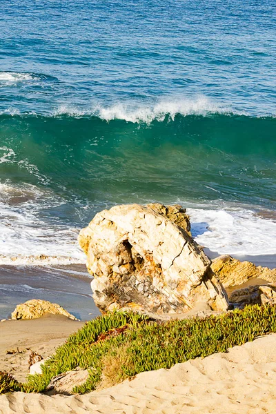 Grande pedregulho dourado com iceplant na frente da onda torqouise cresting com espuma backspray — Fotografia de Stock