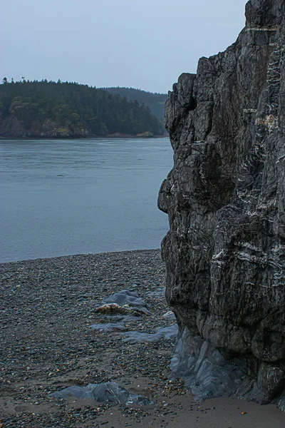 Távoli sziklák egész egy víztestben borított magas zöld fenyőfák — Stock Fotó