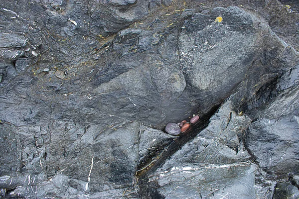 小石で水で満たされた亀裂を持つ大きな岩が水に沈んだ — ストック写真