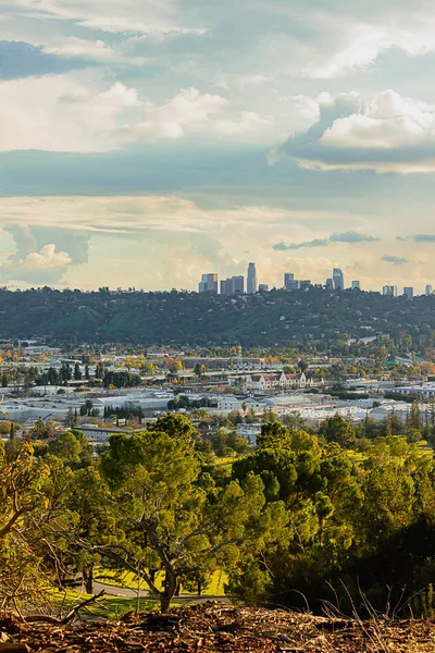 Hillside view of panaramic skyscape and city scape, rooftops and towers of city with evergreeds — Stock Photo, Image