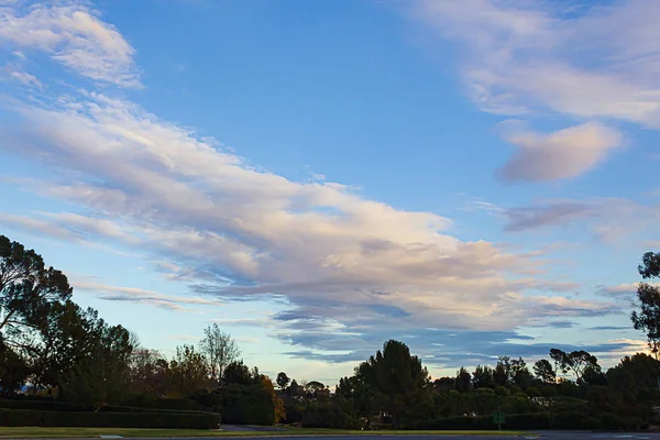 Kulle utsikt över Silvers trädgården mot expansiv himmel med vit Cumulus, Nimbus moln — Stockfoto