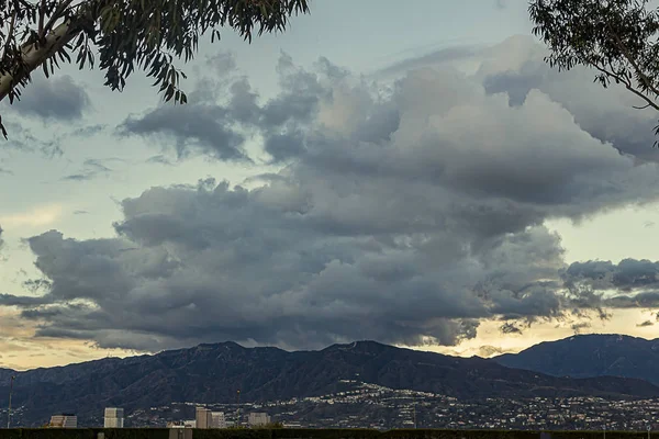 Hillside view of homes with gardens mountains and large clouds with glendale business towers — стоковое фото